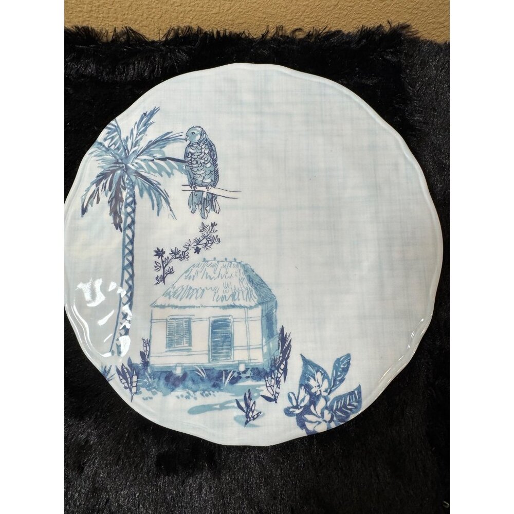 Tommy Bahama Tropical Melamine Dinner Plates Set Of4 Blue & White Palm Parrot